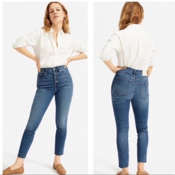 Everlane The Vintage Skinny Blue Jeans Raw Hem Button Fly size 25 Regular - Picture 2 of 8